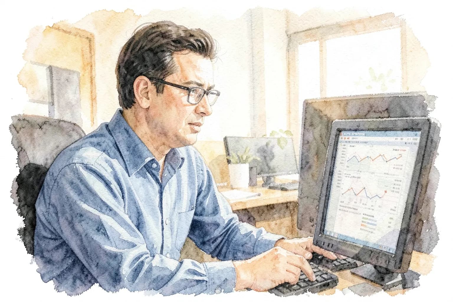 Um homem de óculos, com camisa social azul, olha atentamente para a tela de um computador com gráficos e números, em um escritório moderno.