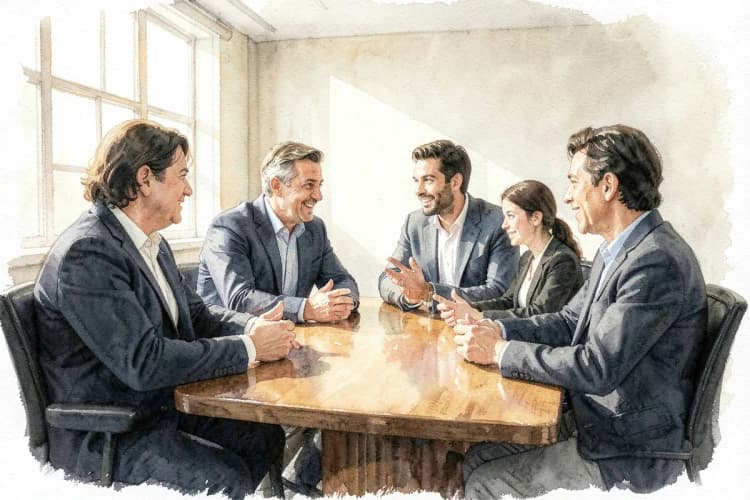Um grupo de pessoas diversas em uma sala de reunião discute em volta de uma mesa.
