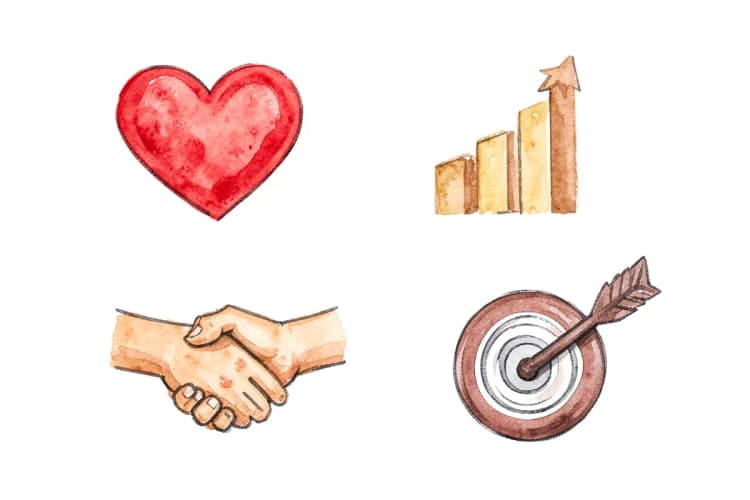 Quatro ícones representando diferentes tipos de CRM: um coração, um gráfico, um aperto de mão e um alvo.