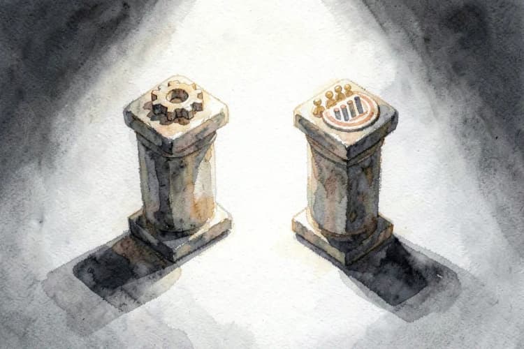 Quatro pilares de pedra com símbolos de engrenagem, pessoas, gráfico e alvo.