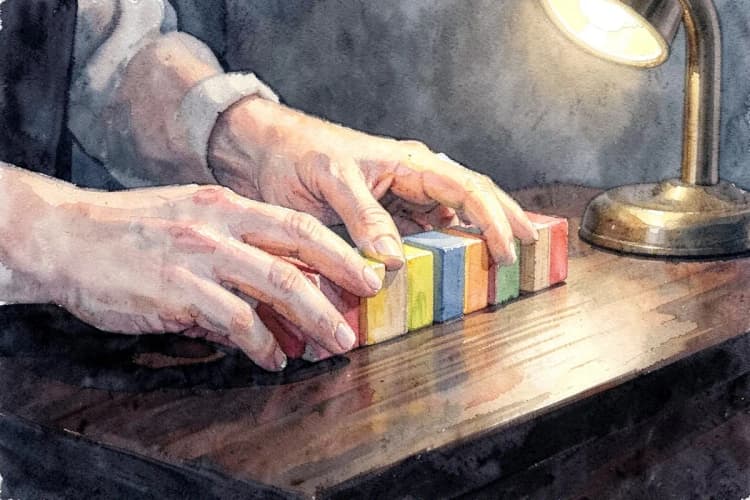 Uma pessoa organiza blocos de madeira coloridos em uma mesa.