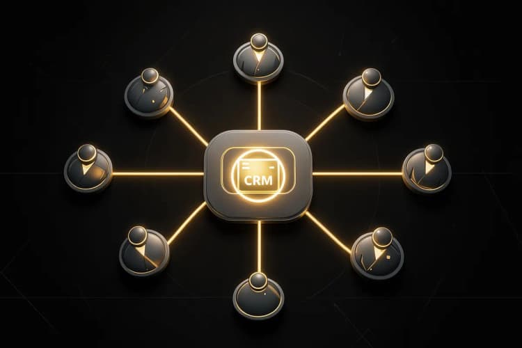 Um diagrama de fluxo mostrando múltiplos vendedores conectando-se a um único sistema central de CRM.