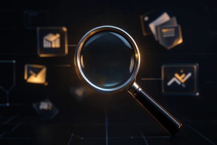 Uma lupa examinando diferentes ícones de software, representando a escolha de um sistema de CRM.