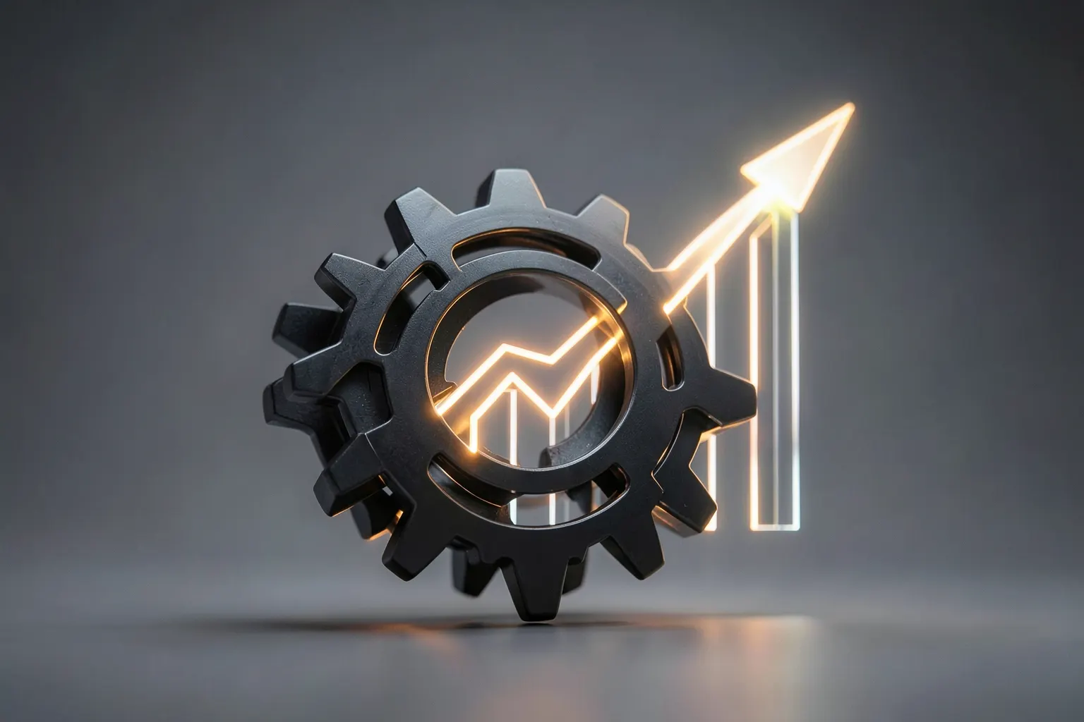 Um ícone de engrenagens interconectadas simbolizando um sistema de CRM, com um gráfico de barras ascendente ao fundo.