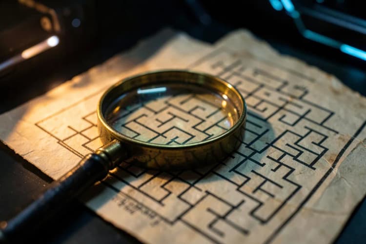 Lupa examinando um diagrama de fluxo de um funil de vendas.