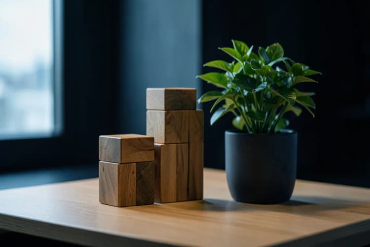 Um gráfico de barras ascendente feito de blocos de madeira empilhados, com uma planta verde crescendo ao lado, em uma mesa de escritório.