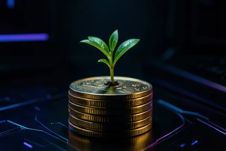 Uma pilha de moedas douradas e prateadas com uma planta brotando do centro, simbolizando crescimento e investimento.