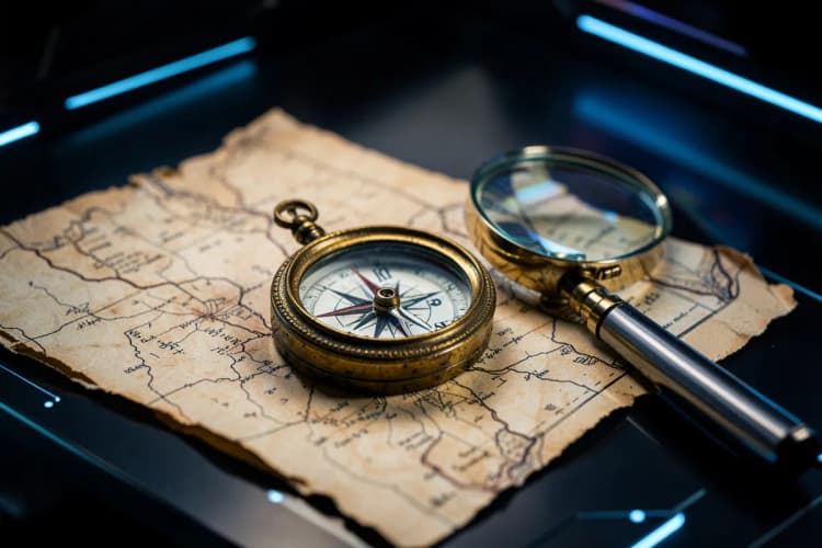 Uma bússola antiga sobre um mapa desdobrado, com uma lupa próxima, indicando a busca e a direção estratégica.