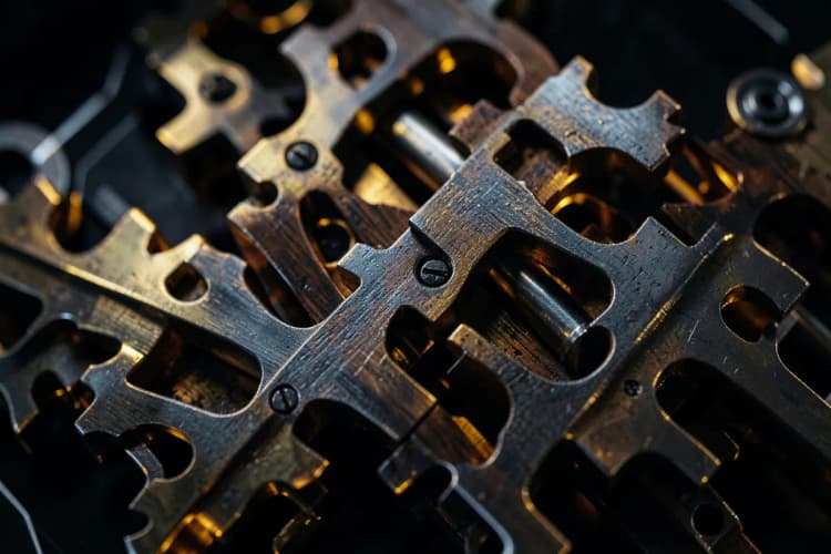 Um conjunto de engrenagens interconectadas de metal e madeira, simbolizando a integração de processos e sistemas.