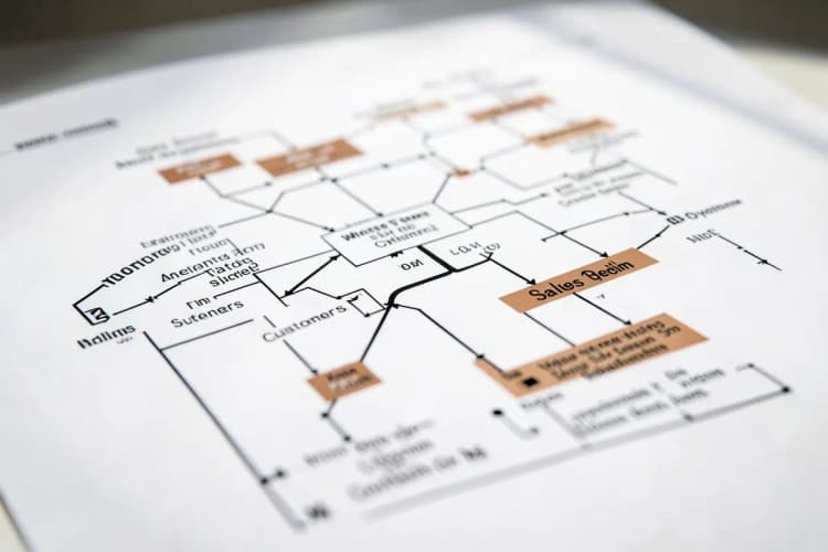 Um diagrama de fluxo mostrando a interação entre clientes, equipe de vendas e um sistema centralizado em um fundo branco.