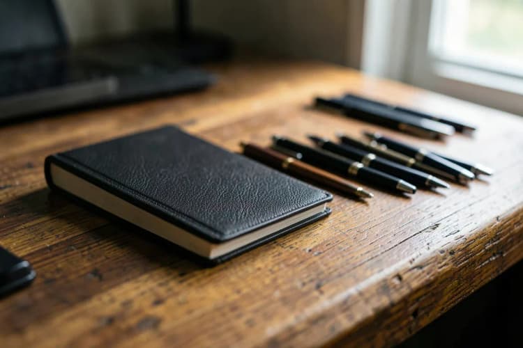 Um conjunto de ferramentas de escritório organizadas sobre uma mesa de madeira, incluindo um notebook fechado e canetas.