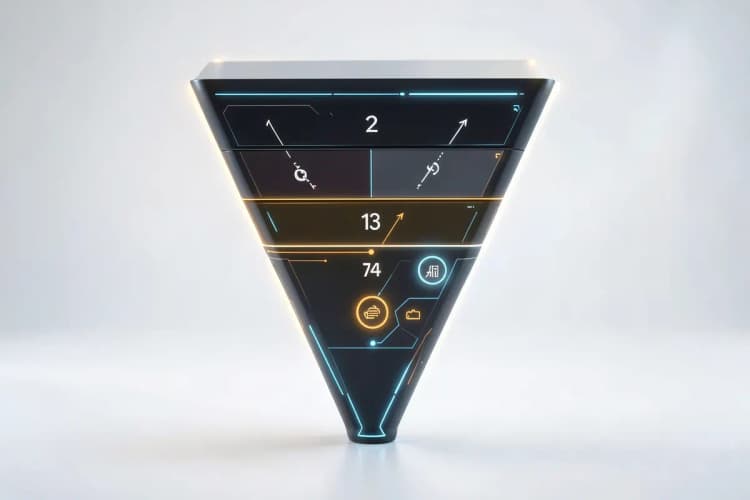 Um diagrama de funil de vendas com etapas numeradas e ícones representando cada fase, sobre um fundo claro.