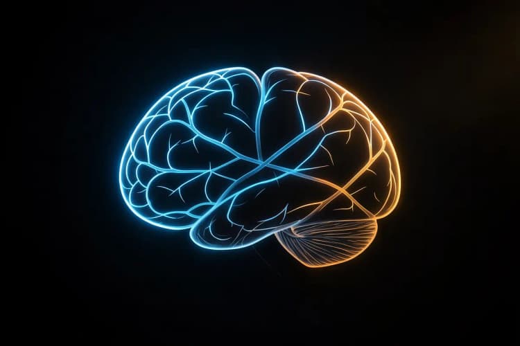 Um cérebro estilizado com conexões brilhantes, representando a inteligência artificial e o SEO.