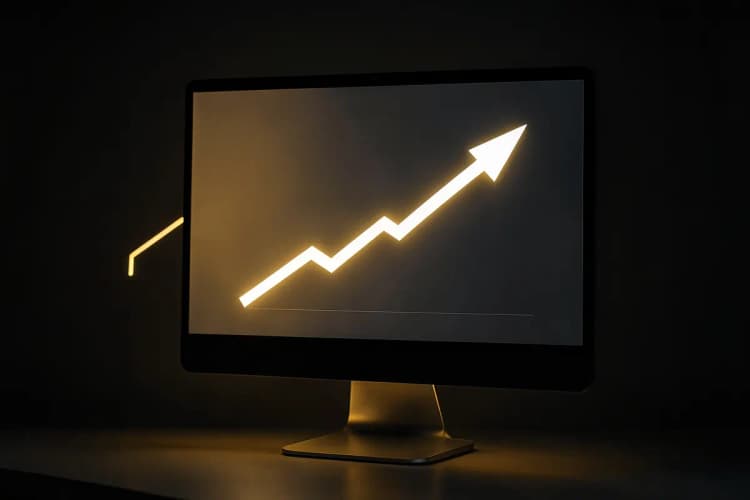 Um computador exibindo um gráfico de crescimento com uma seta apontando para cima, simbolizando o crescimento da empresa no ChatGPT.