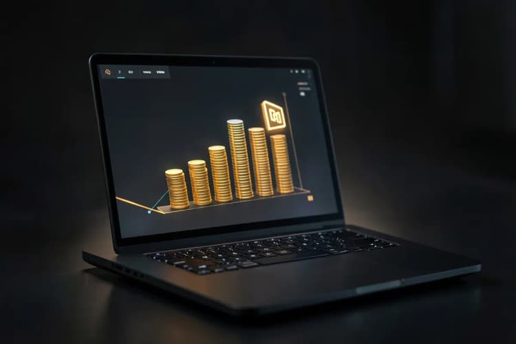 Tela de computador exibindo um gráfico de barras subindo, com ícones de dinheiro e o logo da Meta.