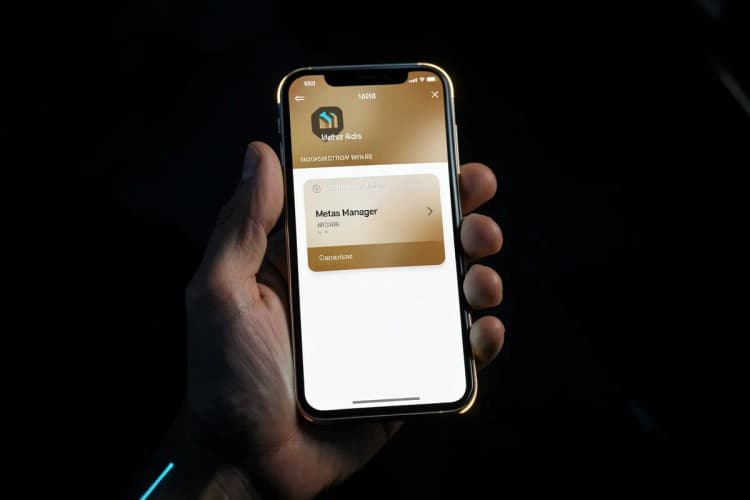 Uma pessoa usando um celular com o aplicativo do Gerenciador de Anúncios da Meta aberto.