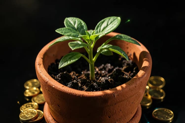 Uma planta crescendo em um vaso com moedas ao redor.
