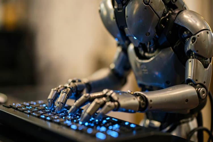 Um robô escrevendo em um teclado com luzes de LED azuis, simbolizando a automação na criação de conteúdo.