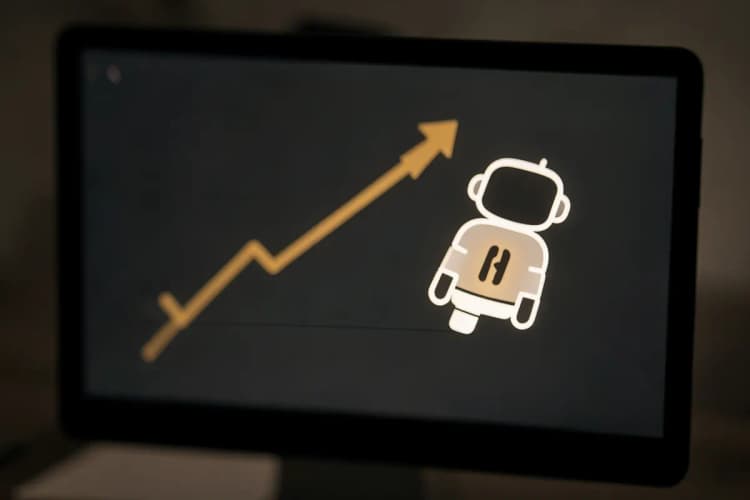 Um computador exibindo um gráfico de desempenho crescente com um ícone de robô, indicando a melhor IA para conteúdo.