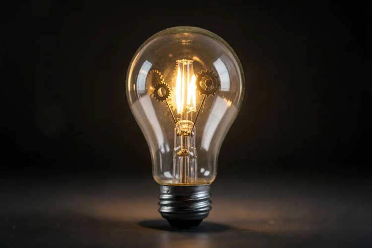 Uma lâmpada acesa com engrenagens dentro, simbolizando a geração de ideias com IA.