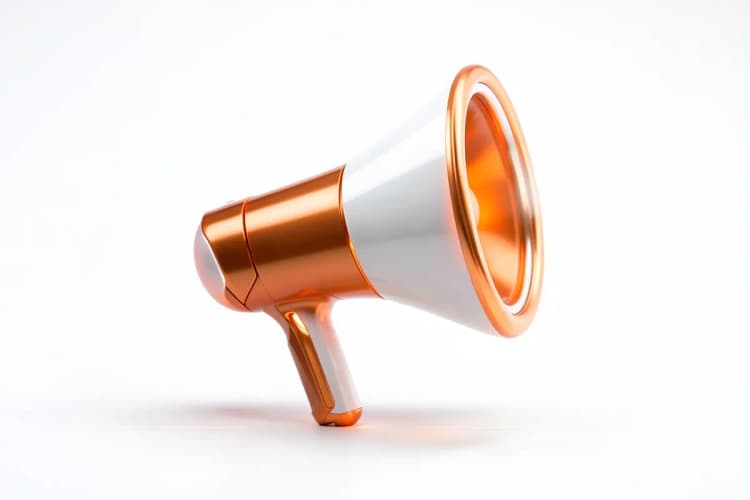 Um ícone de um megafone estilizado em laranja e branco sobre um fundo branco, representando comunicação e anúncios.