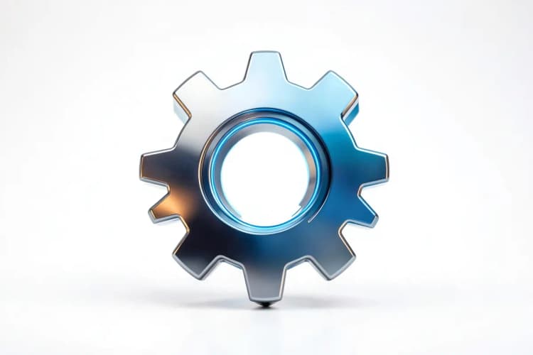 Um ícone de engrenagens interligadas em tons de prata e azul sobre um fundo branco, simbolizando funcionalidades e processos.