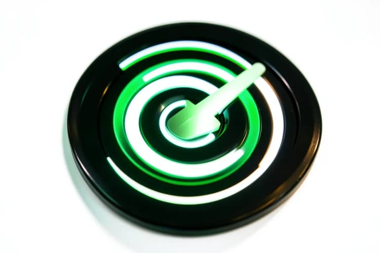 Um ícone de um alvo com uma flecha estilizado em verde e branco sobre um fundo branco, representando metas e precisão.
