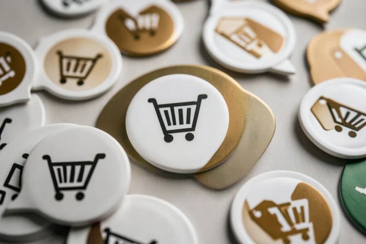 Um conjunto de balões de fala do WhatsApp com ícones de carrinho de compras e etiquetas de preço dentro deles