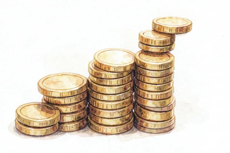 Um gráfico de barras ascendente feito de moedas de ouro empilhadas, em close-up, com luz de estúdio vindo de cima, representando crescimento financeiro.