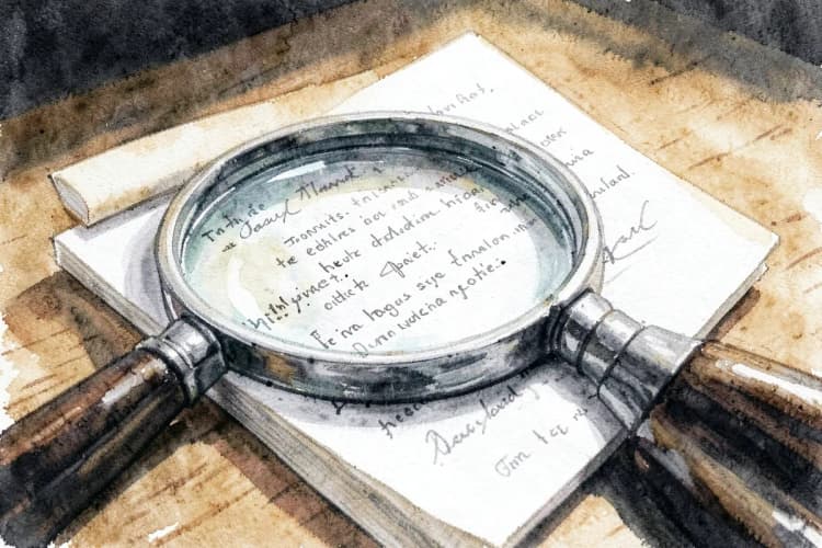 Uma lupa examinando um contrato em uma mesa, em close-up, com luz de tarefa focada, destacando detalhes importantes.