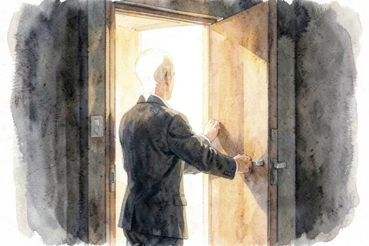 Uma pessoa de costas, em plano médio, abrindo a porta de um escritório moderno, com luz entrando pela porta, indicando novos começos.