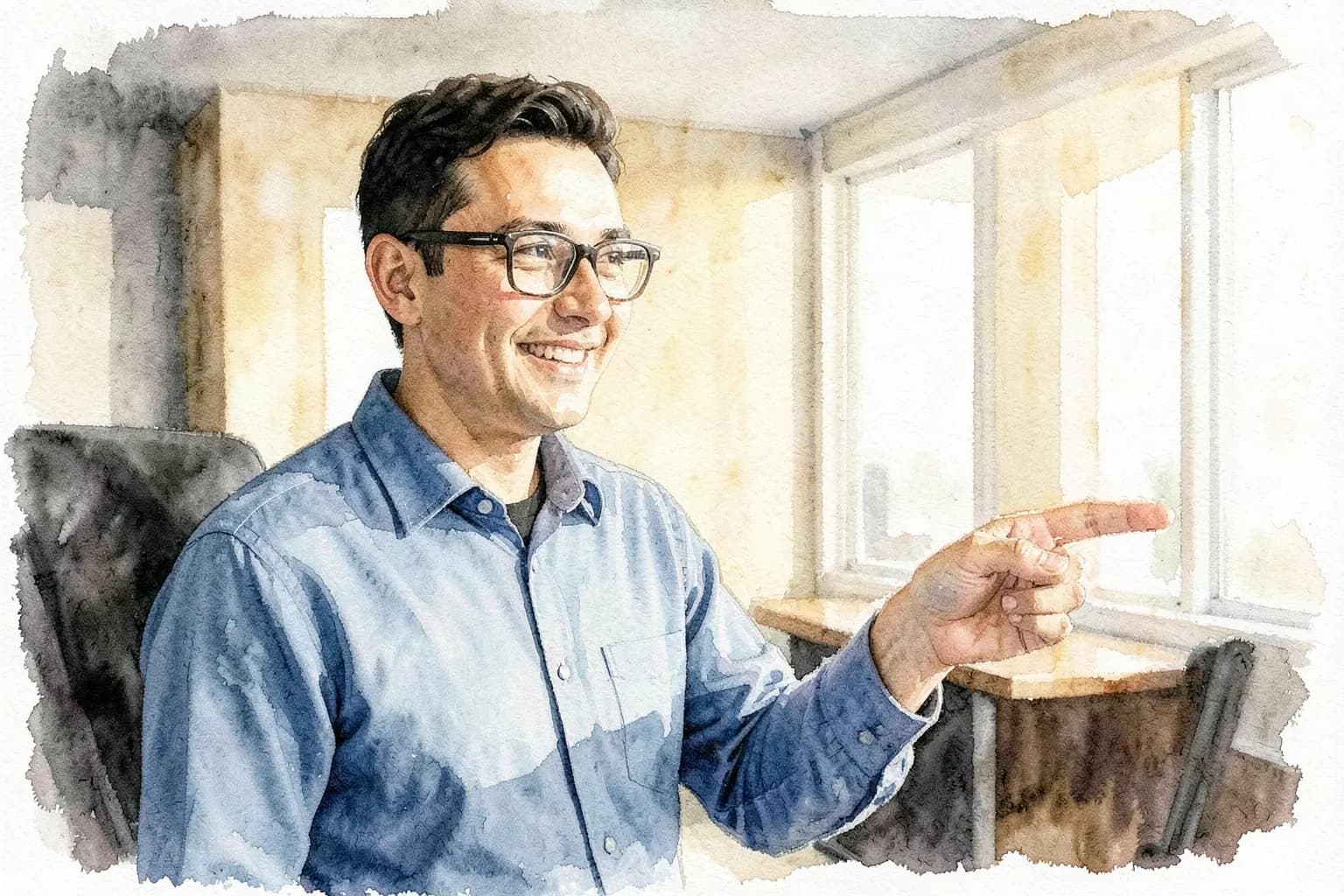 Um homem de óculos e camisa social azul, em plano médio, sorri e aponta para a direita, em um escritório moderno com luz natural.