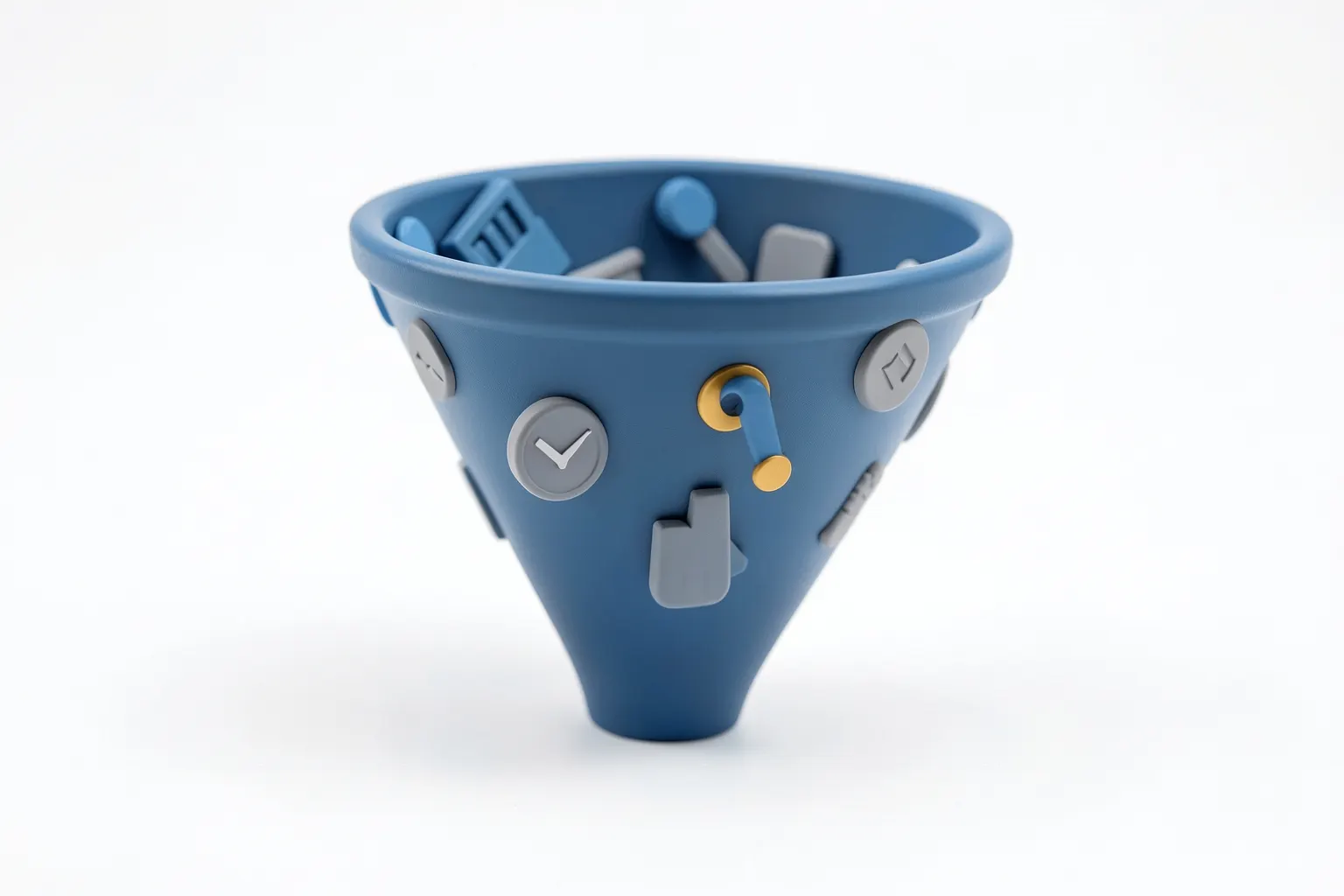 Um gráfico de funil de vendas estilizado com ícones de negócios em tons de azul e cinza, em um fundo branco claro.