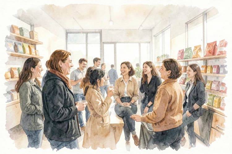 Um grupo de clientes sorrindo e interagindo em uma loja moderna com iluminação suave.