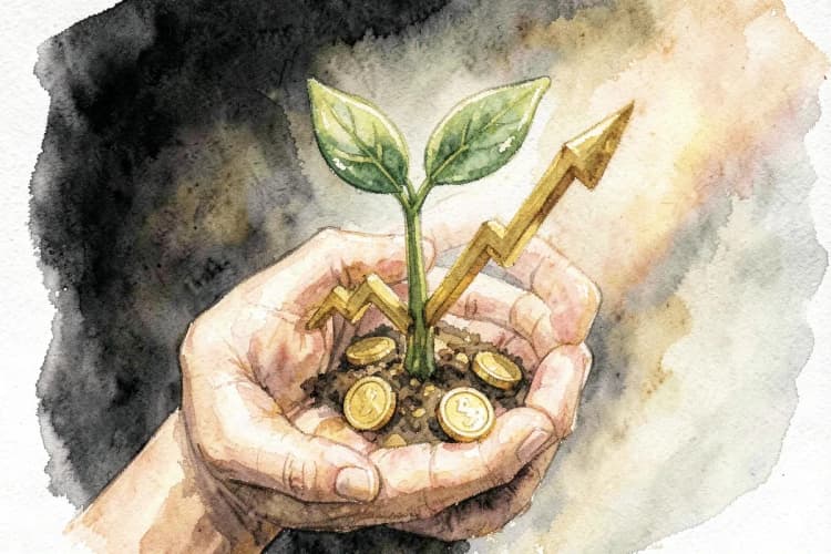 Uma mão segurando um gráfico de crescimento em forma de planta subindo, com moedas ao redor.