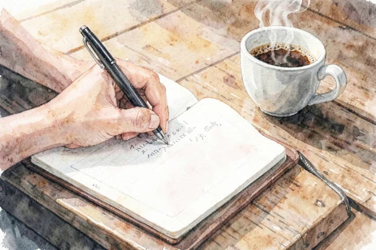 Uma pessoa escrevendo em um caderno com uma caneta, com uma xícara de café ao lado.