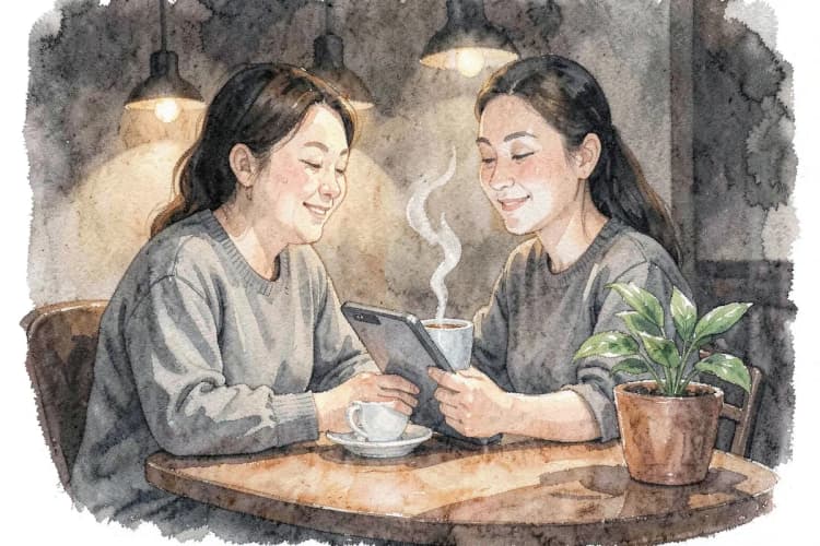 Um cliente satisfeito usando um tablet em um café aconchegante, com uma xícara de café na mesa.