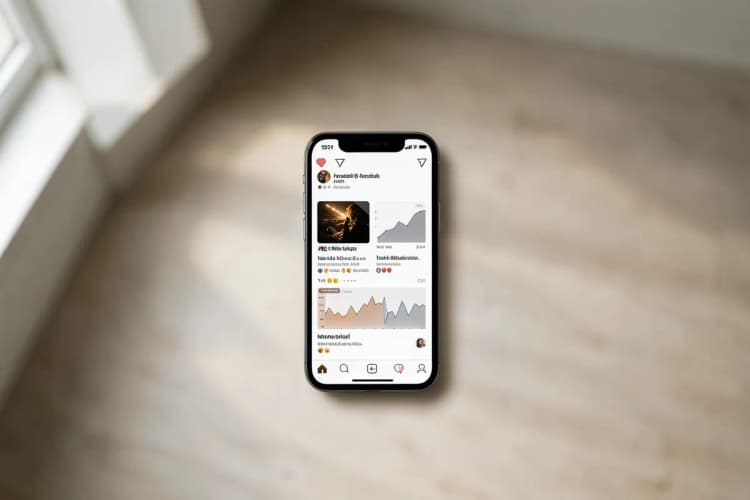 Um celular exibindo o feed do Instagram com anúncios e gráficos de desempenho.