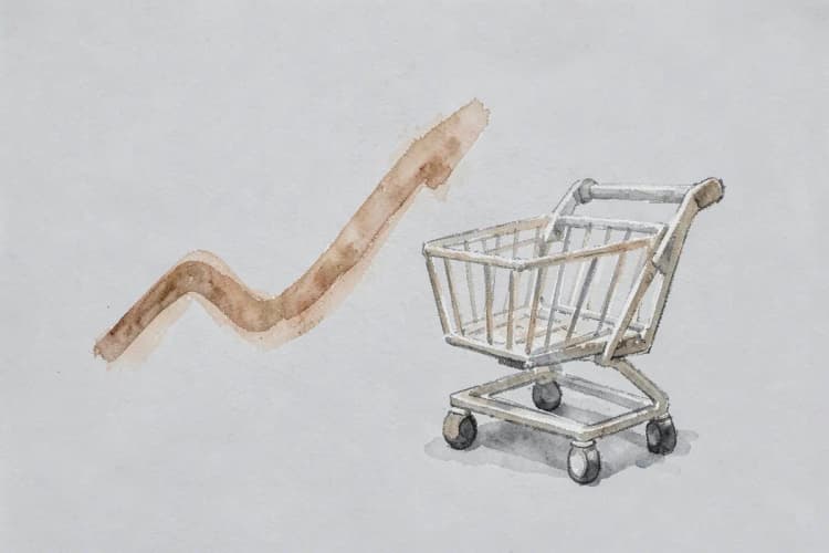 Gráfico de linha descendente com um carrinho de compras vazio ao lado, em fundo cinza.