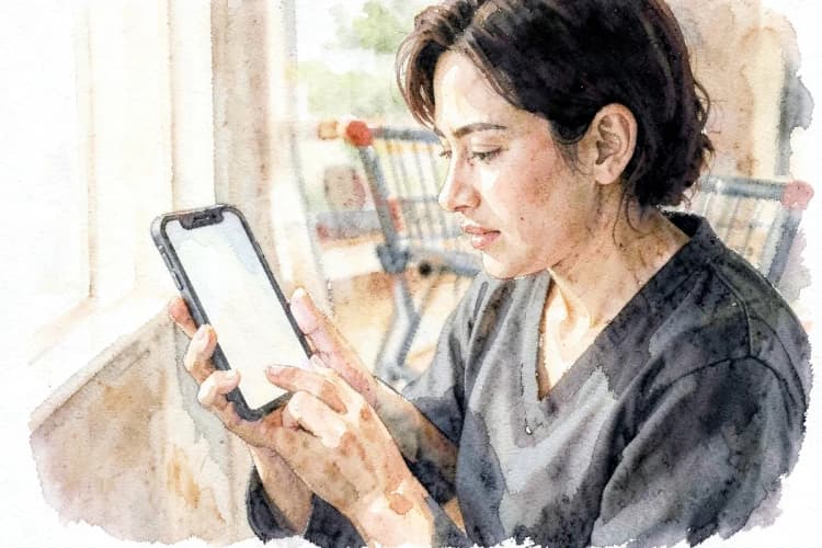 Cliente pensativo olhando para a tela do celular, com um carrinho de compras desfocado ao fundo.