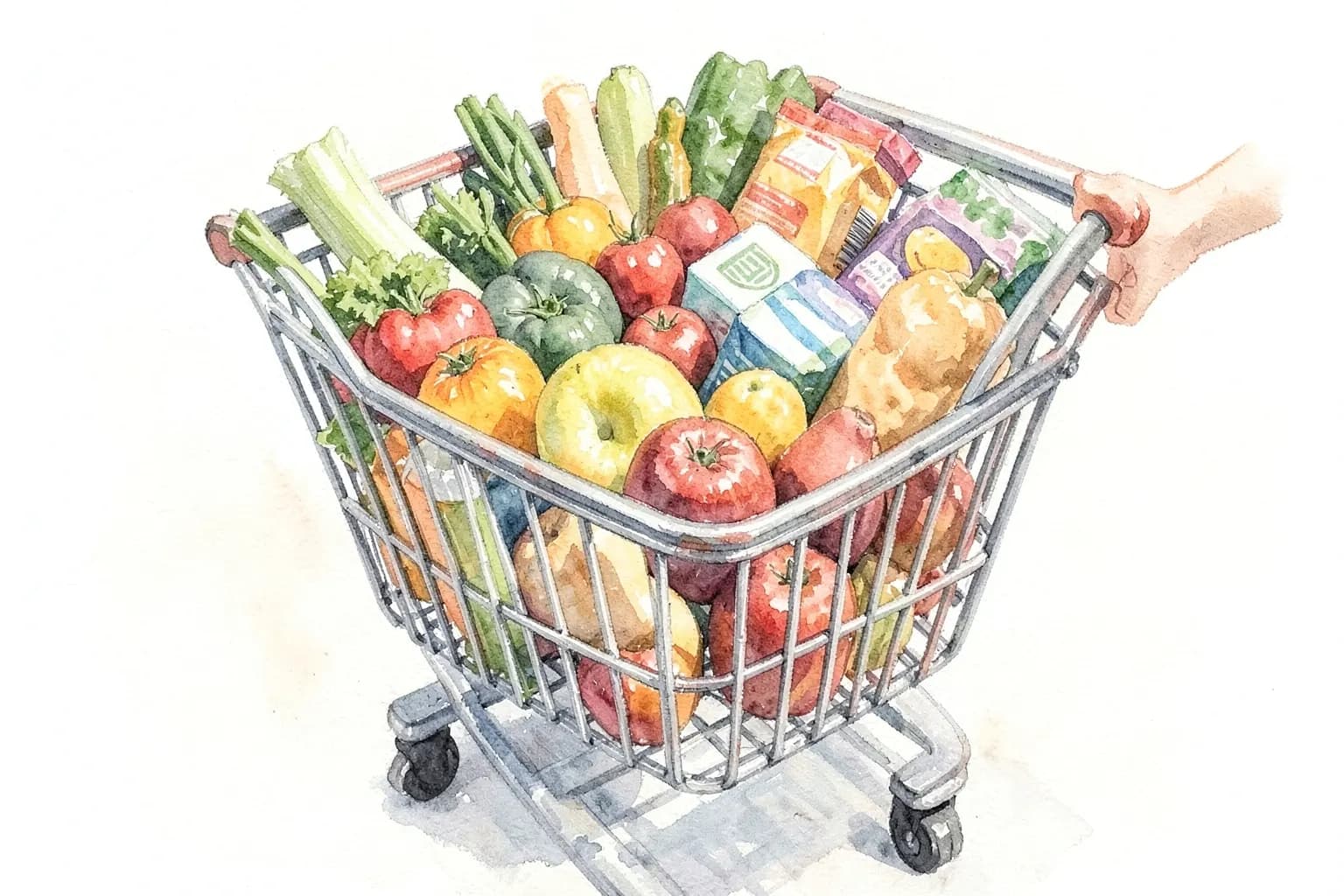 Carrinho de compras de supermercado cheio de produtos, com uma mão saindo dele, em fundo branco.