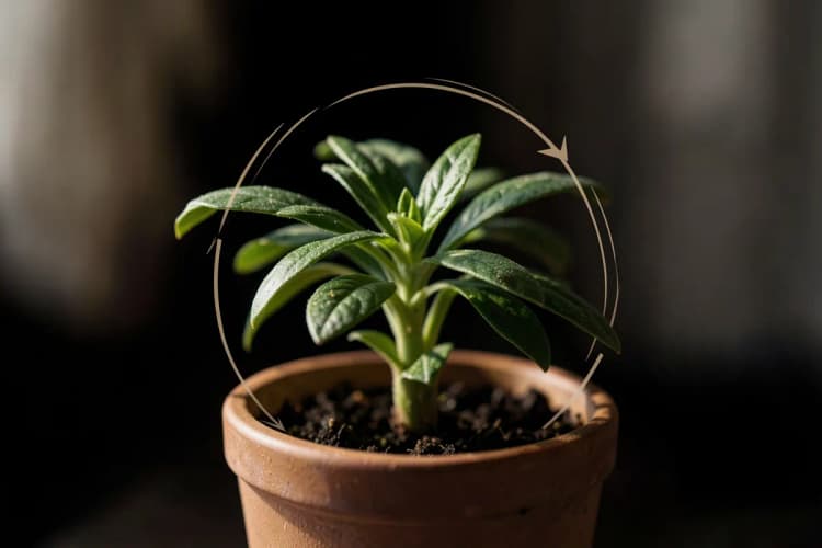 Uma planta crescendo em um vaso, com setas circulares ao redor indicando um processo contínuo, simbolizando a criação de um funil de vendas.
