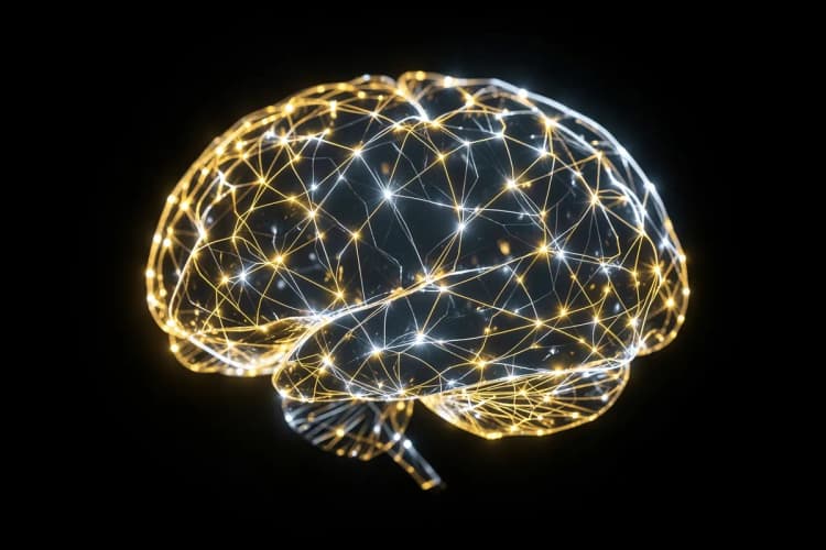 Um cérebro humano estilizado com conexões de luz brilhantes, representando inteligência e estratégia.