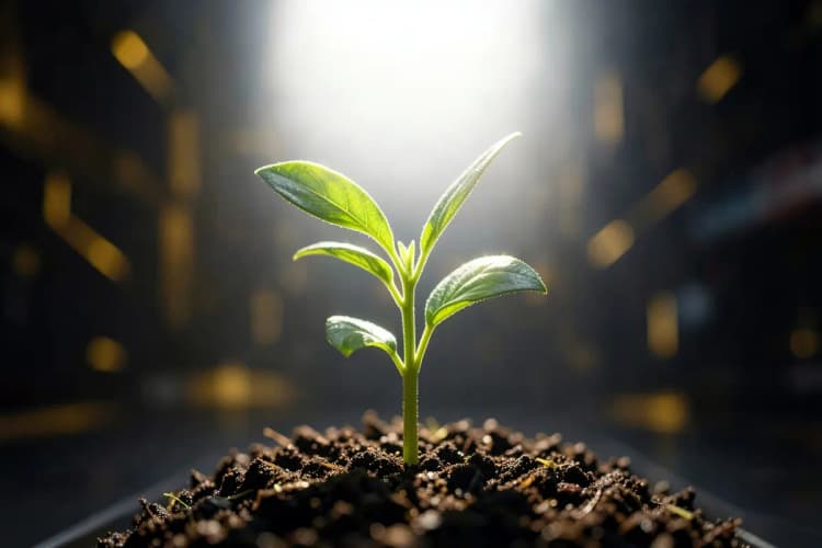 Uma planta crescendo em direção à luz do sol, simbolizando crescimento e benefícios.