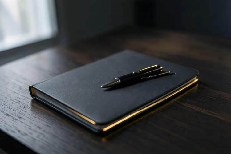 Uma pessoa fazendo anotações em um caderno fechado, com uma caneta ao lado.
