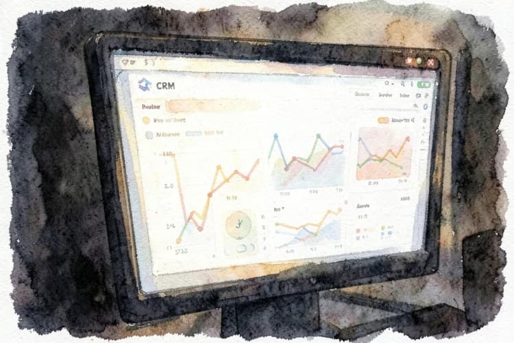 Tela de computador exibindo um painel de controle de CRM com várias métricas.