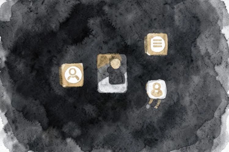 Pequenos ícones representando diferentes funcionalidades de CRM flutuando em um espaço digital.