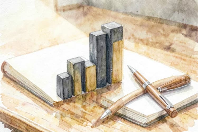 Gráfico de barras ascendente sobre uma mesa de escritório, indicando crescimento de vendas.