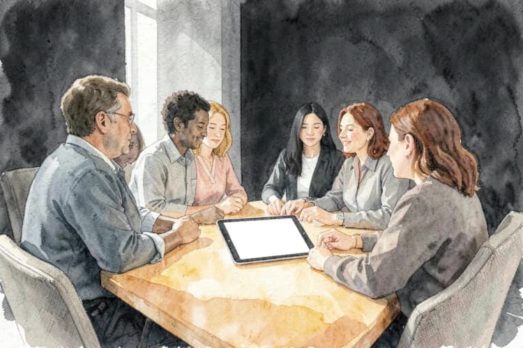 Pessoas em uma reunião de negócios discutindo um projeto em um tablet.