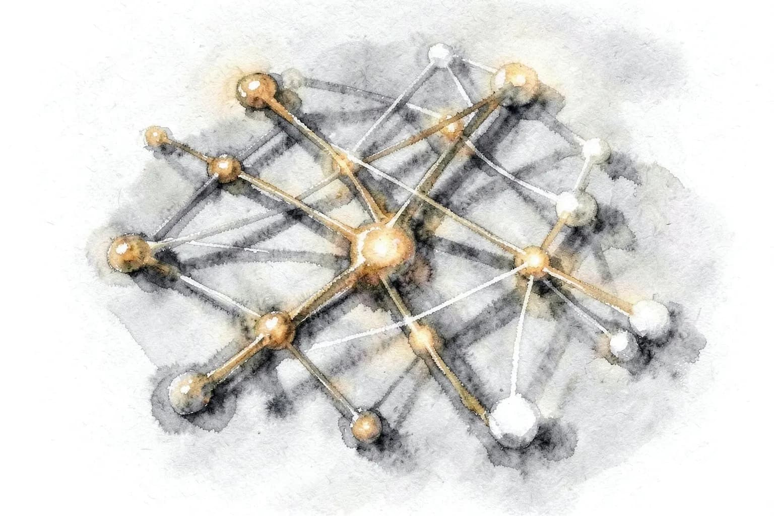Diagrama abstrato com conexões formando uma rede, representando um sistema de gestão de relacionamento com o cliente.